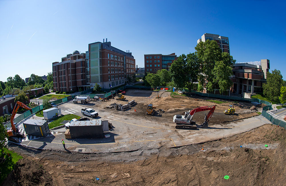 Wide angle view of the Wegmans Hall construction project.